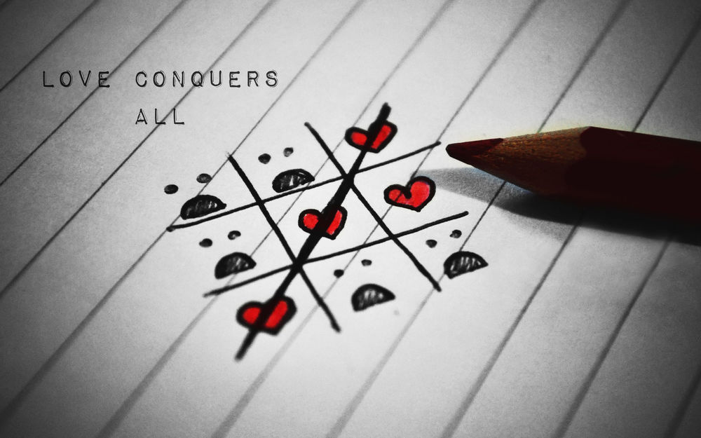 Обои для рабочего стола Крестики нолики в виде сердец и знаков (LOVE CONOQUERS ALL)
