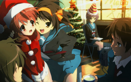 Обои на рабочий стол Персонажи аниме Меланхолия Харухи Судзумии / The Melancholy of Haruhi Suzumiya отмечают Новый год