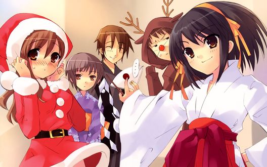 Обои на рабочий стол Персонажи аниме Меланхолия Харухи Судзумии / The Melancholy of Haruhi Suzumiya в новогодних костюмах