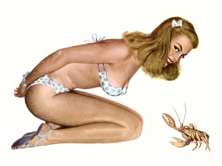 Обои на рабочий стол Улыбающаяся девушка в бикини в стиле pin-up склонилась над крабом