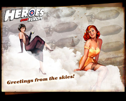 Обои на рабочий стол Плакат к игре Heroes over Europe девушки сидят на облаках на фоне авиационных бомб (Greetings from the skies!)