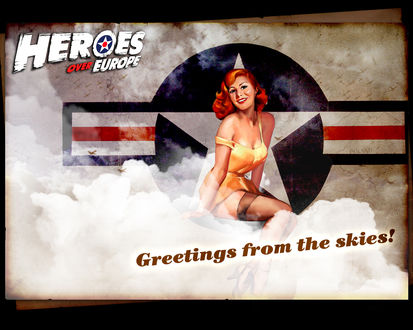 Обои на рабочий стол Плакат к игре Heroes over Europe, девушка в желтом платье сидит на облаке на фоне опознавательного знака военно-воздушных сил США (Greetings from the skies!)