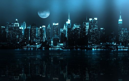 Обои на рабочий стол Нью-Йорк / New-York ночью, огни города отражаются в воде