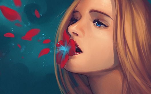 Обои на рабочий стол Девушка с цветком на губах