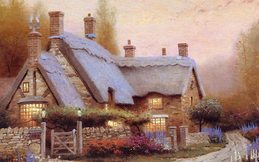 Обои на рабочий стол Маленький уютный коттедж (Томас Кинкейд / Thomas Kinkade)