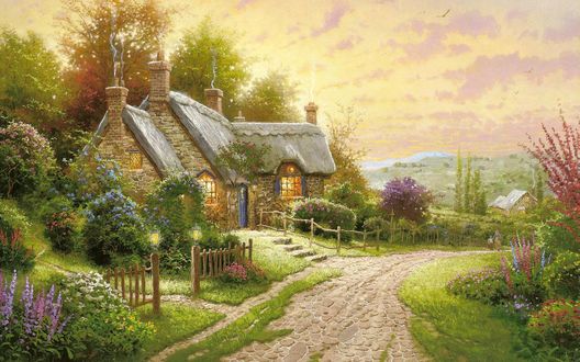 Обои на рабочий стол Уютный коттедж при дороге (Томас Кинкейд / Thomas Kinkade )