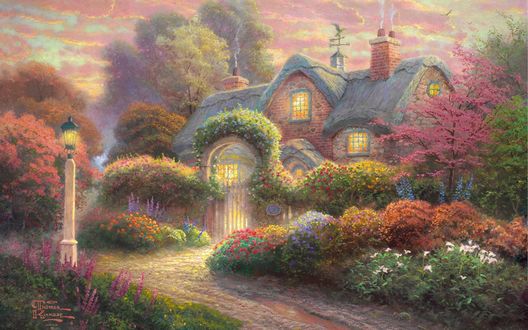 Обои на рабочий стол Уютный коттедж при обочине (Томас Кинкейд / Thomas Kinkade)
