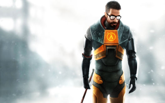Обои на рабочий стол Гордон Фримен - персонаж серии игр Half-Life / Период полураспада / Халфлайф с монтировкой в привычной позе и костюме с логотипом на груди