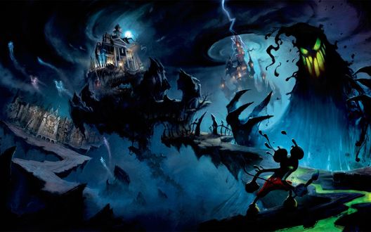 Обои Микки Маус с кисточкой идет к таинственному замку  вдоль страшного чудовища (кошмары Диснейленда)