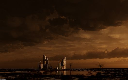 Обои на рабочий стол Разрушенные дома, мрачное небо это Wasteland / Пустошь — постапокалиптическая ролевая игра