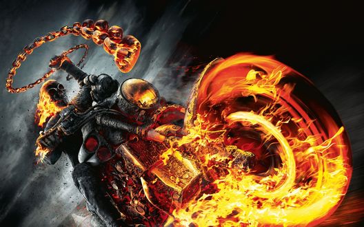 Обои на рабочий стол Ghost Rider / Призрачный гонщик на горящем мотоцикле с цепью в руках