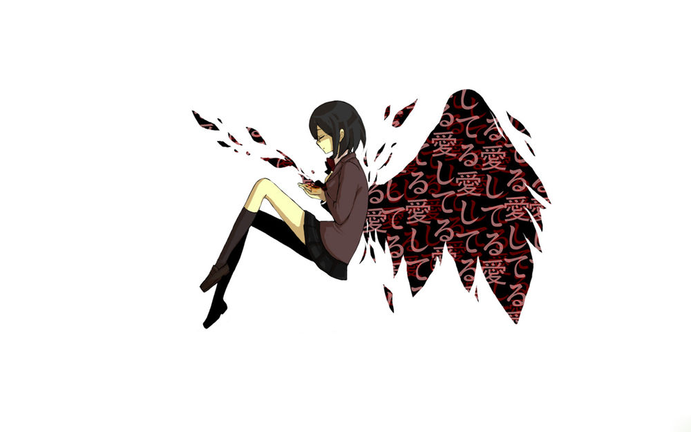 Обои для рабочего стола Сонохара Анри из аниме Durarara с крыльями в иероглифах (арт)