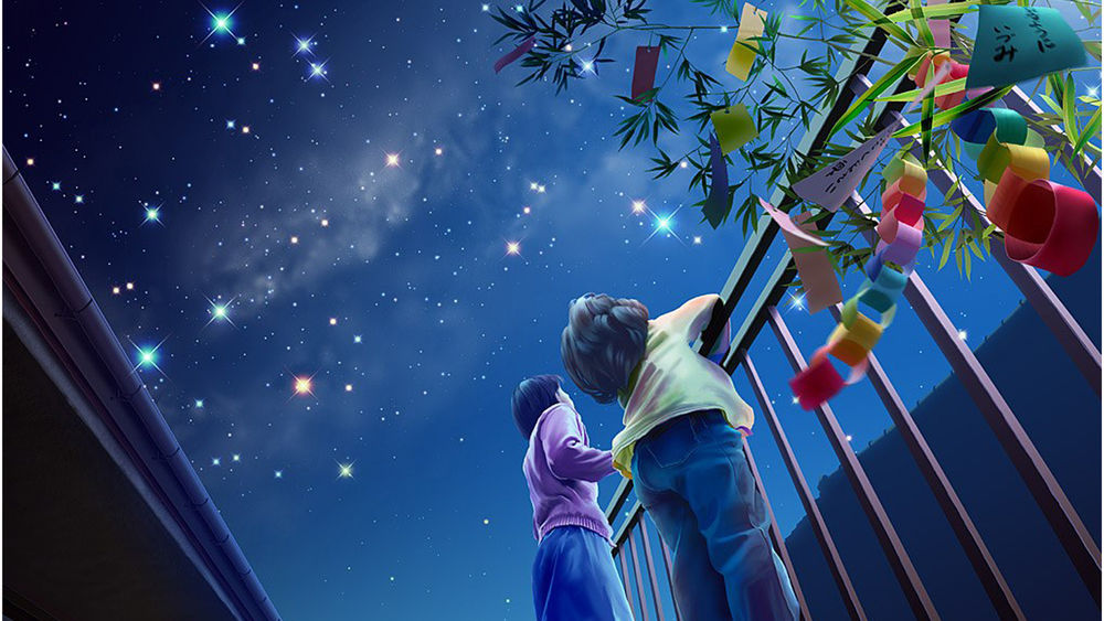 Обои для рабочего стола Дети с балкона смотрят на звёзды