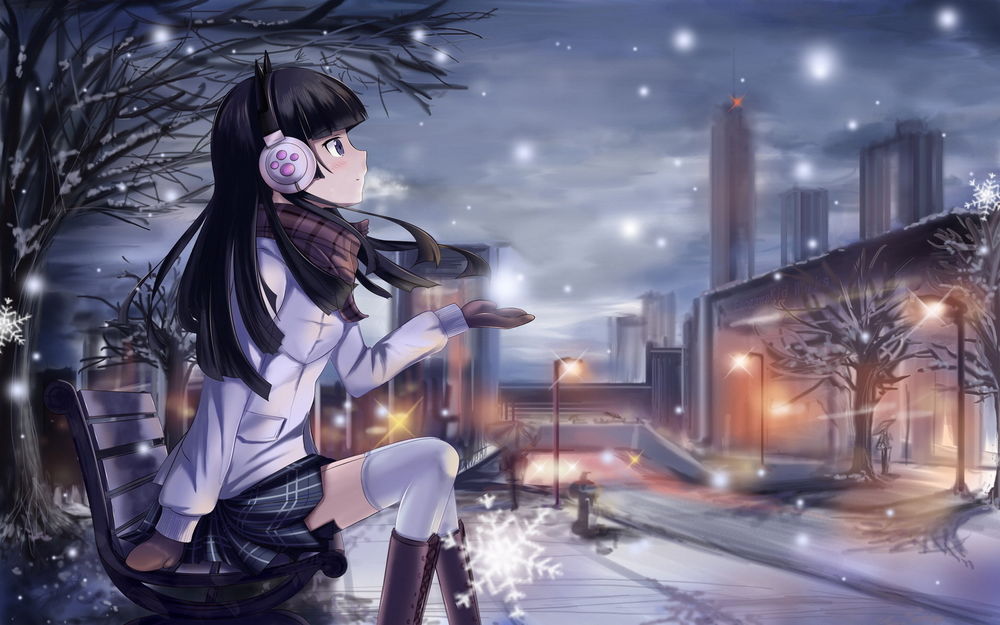 Обои для рабочего стола Gokou Ruri (Kuroneko) / Рури Гоко (Куронэко) из аниме Ore no Imouto ga Konna ni Kawaii Wake ga Nai / Моя младшая сестра не может быть такой милой сидит на лавочке и ловит падающий снег