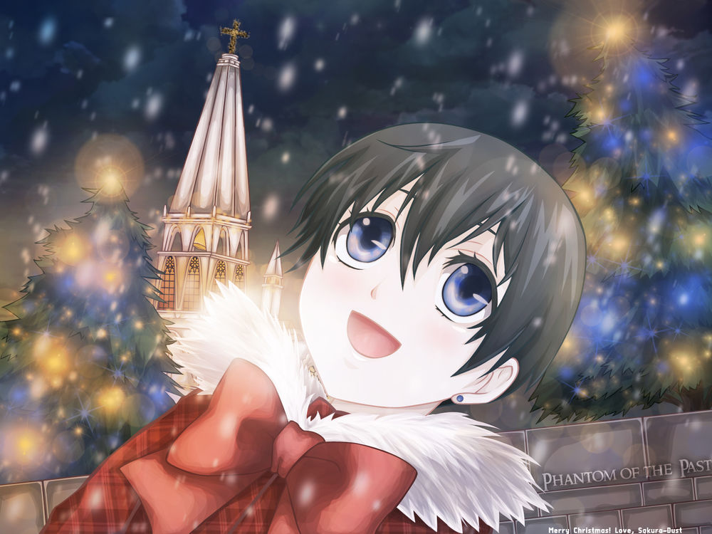Обои для рабочего стола Маленький Сиэль из аниме Тёмный дворецкий / Kuroshitsuji в рождественскую (новогоднюю) ночь (Phantom of the Past Merry Christmas! Love, Sakura-Dust)