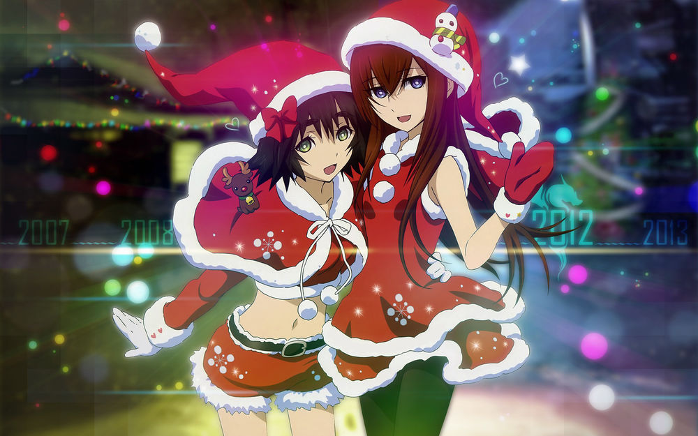 Обои для рабочего стола Shiina Mayuri / Маюри Сиина и Makise Kurisu / Курису Макисе из аниме Врата Штейна / Steins Gate в новогодних костюмах (2007 2008 2012 2013)