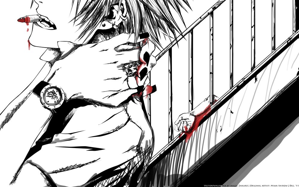 Обои для рабочего стола Парень с окровавленной гильзой в зубах у лестницы, из-за перил которой торчит окровавленная рука (Wector / Wellpaper by Angel Zakuro | Original Artist: Miwa Shirow | Dec. 11)