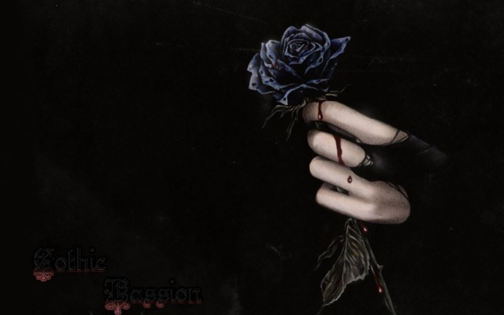Обои для рабочего стола Синяя роза в руке, по которой течет кровь (Gothic Passion)