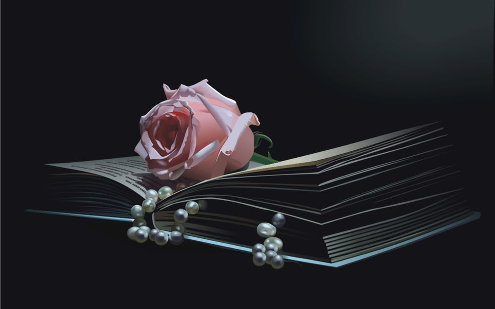 Обои для рабочего стола Роза и бусы на книге