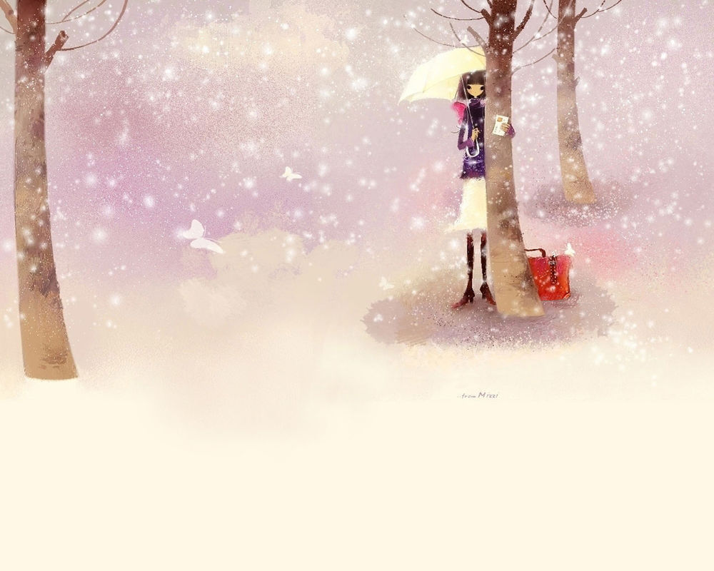 Обои для рабочего стола Девушка зимой с зонтиком в одной руке и письмом в другой стоит у дерева рядом с чемоданчиком (from Mizzi)