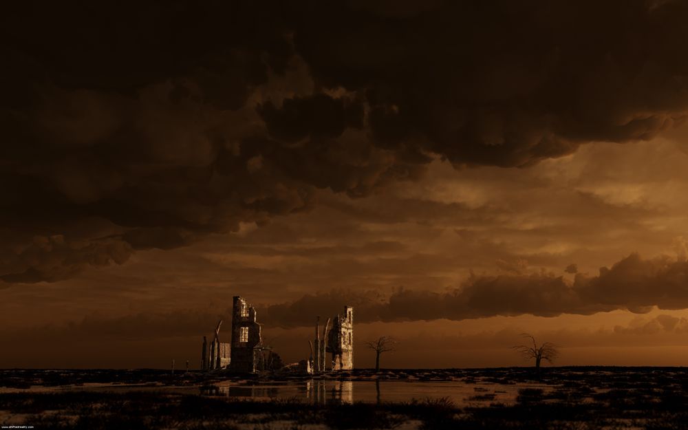 Обои для рабочего стола Разрушенные дома, мрачное небо это Wasteland / Пустошь — постапокалиптическая ролевая игра