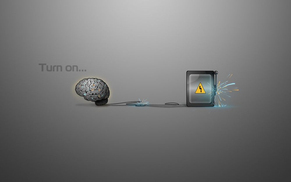 Обои для рабочего стола Заряди мозги, картинка мозга и рубильника (Turn on..)