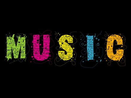 Обои на рабочий стол Слово music написано разноцветными буквами