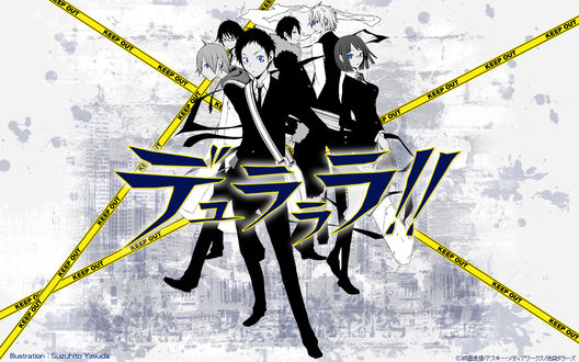 Обои на рабочий стол Mikado Ryugamine, Masaomi Kida, Anri Sonohara, Shizuo Heiwajima и Izaya Orihara из аниме Дюрарара! / Durarara! (KEEP OUT), art by Suzuhito Yasuda