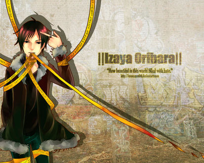 Обои на рабочий стол Изая Орихара из аниме Durarara (Izaya Orihara How beautiful is this world filled with hate Keep Out)