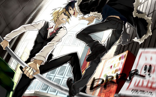 Обои на рабочий стол Shizuo vs Izaya / Шизуо против Изаи, аниме Durarara (DRRR!!)