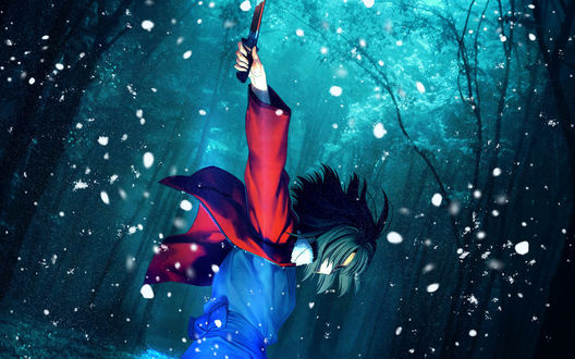 Обои на рабочий стол Shiki Ryougi с окровавленным мечом в руке в зимнем лесу, из аниме Kara no Kyokai / Сад грешников (The garden of sinners)