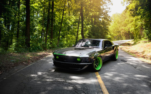 Обои на рабочий стол Ford Mustang RTR-X / Форд Мустанг стоит на дороге в лесу