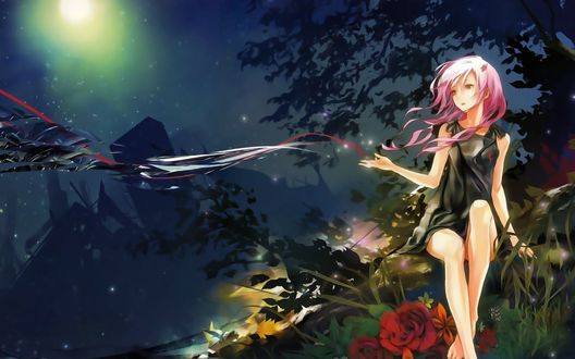 Обои на рабочий стол Инори Юдзуриха / Yuzuriha Inori из аниме Guilty Crown / Венец Вины сидит на корне дерева