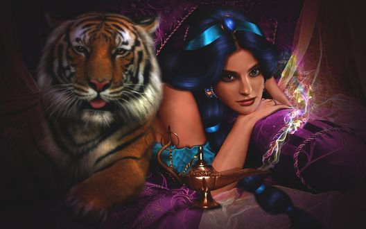 Обои на рабочий стол Princess Jasmine / Принцесса Жасмин с тигром и волшебной лампой