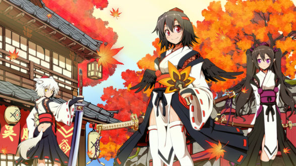 Обои на рабочий стол Aya Shameimaru, Hatata Himekaidou и Momiji Inubashiri возле храма на фоне осенних кленов из игры Touhou Project / Проект Восток