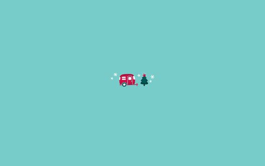 Обои на рабочий стол Снег, ёлка и красный дом-прицеп 