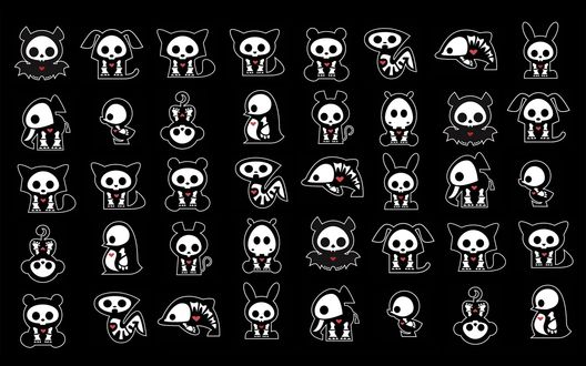 Обои на рабочий стол Зверушки с белыми скелетами и красными сердцами (Skelanimals): собаки, кошки, дельфины, змеи, зайцы, медведи, обезьяны, слоны