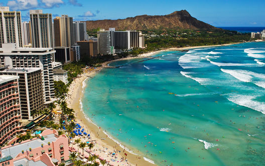 Обои на рабочий стол Пляж Вайкики / Waikiki с высоты птичьего полета, Гонолулу / Honolulu, Гавайи / Hawaii, США