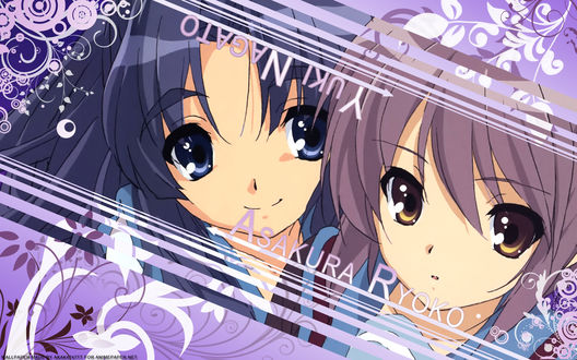 Обои на рабочий стол Asakura Ryoko / Асакура Рёко и Нагато Юки / Nagato Yuki из аниме Меланхолия Харухи Судзумии / The Melanholy of Haruhi Suzumiya