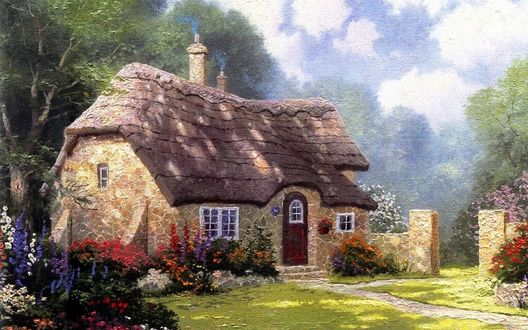 Обои на рабочий стол Уютный котедж в лесу ( автор Томас Кинкейд /  Thomas Kinkade)