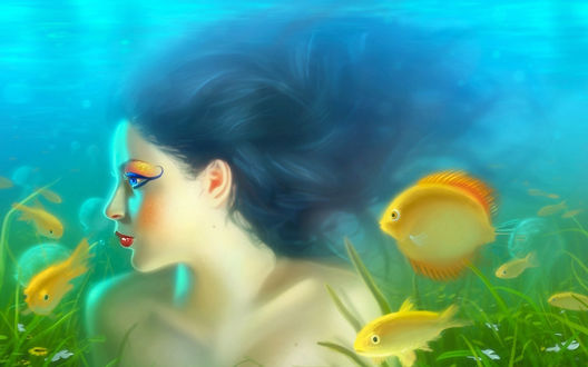 Обои на рабочий стол Русалка с рыбками под водой