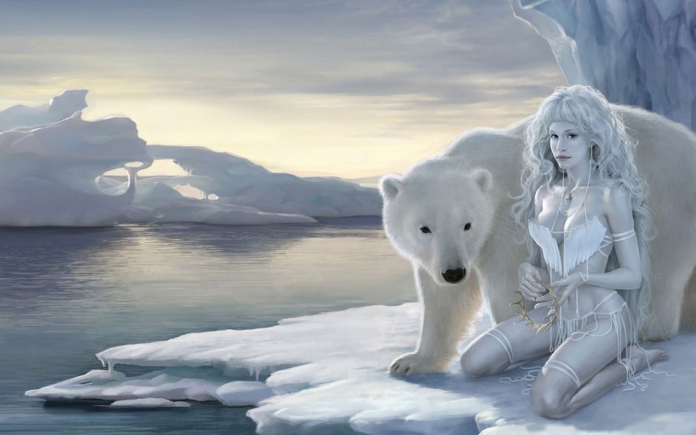 Обои для рабочего стола Снежная королева сидит на льдине с белым медведем