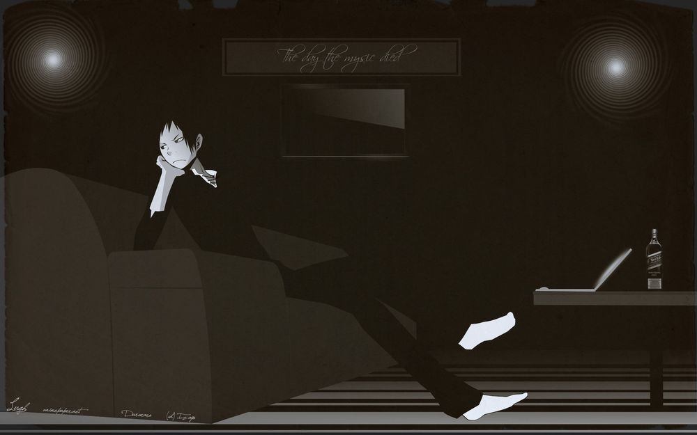 Обои для рабочего стола Информатор Изая Орихара из аниме Durarara сидит в комнате на диване (The day the music died)