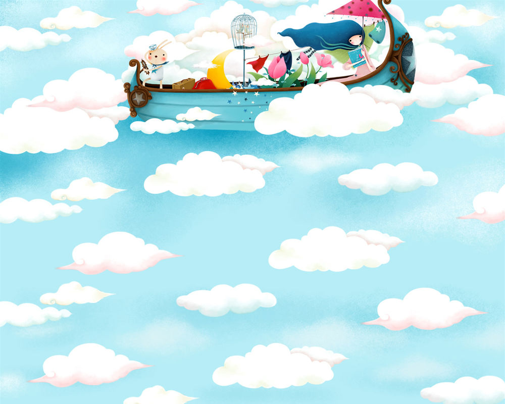 Обои для рабочего стола Девушка с кроликом плывёт на сказочной лодке по небу (art by Echi)
