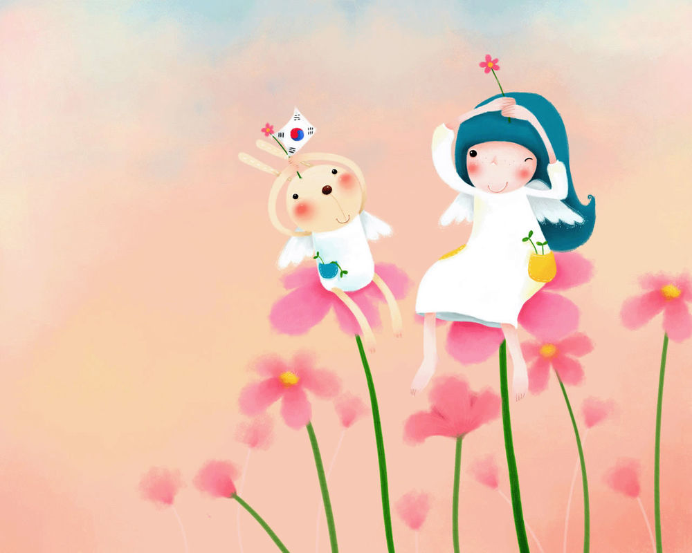 Обои для рабочего стола Девочка и кролик с ангельскими крылышками сидят на цветах (art by Echi)