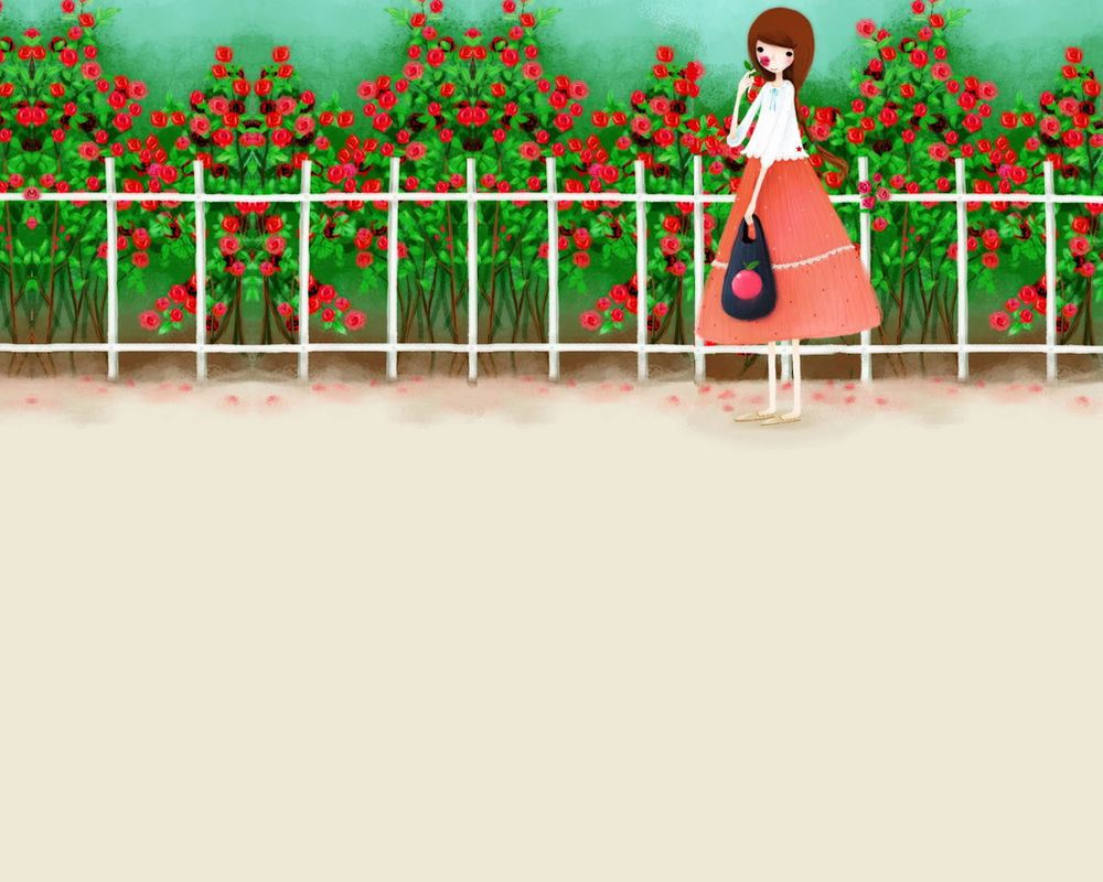 Обои для рабочего стола Девушка стоит за заборчиком у розовых кустов и нюхает розу (art by Echi)