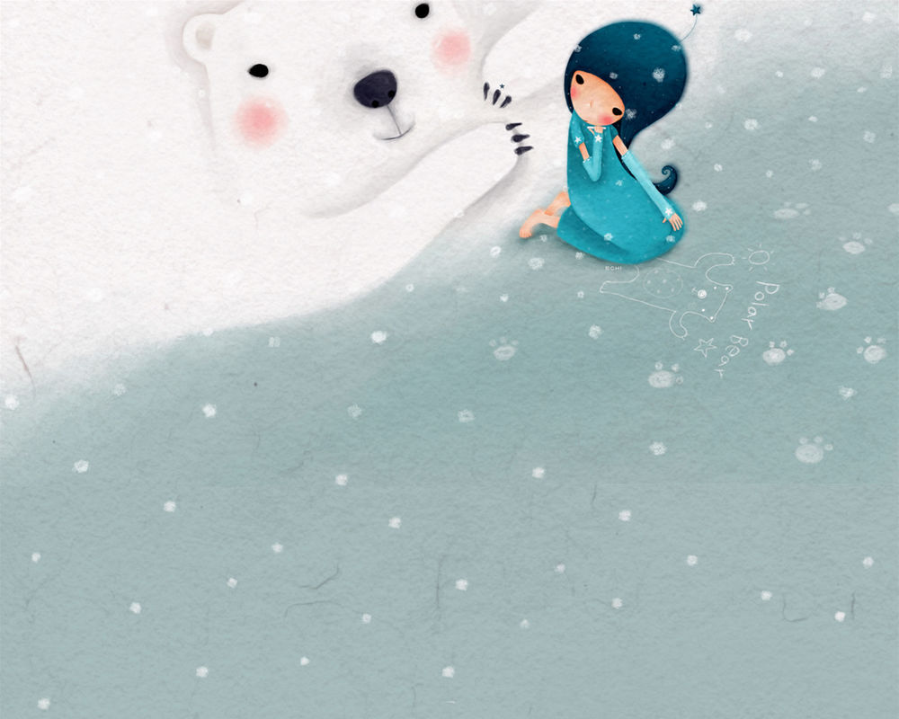 Обои для рабочего стола Девочка зимой рисует мелом на асфальте портрет полярного мишки (Polar Bear) art by Echi