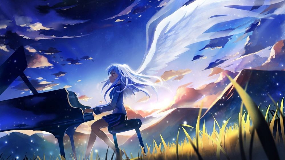 Обои для рабочего стола Kanade Tachibana / Тачибана Канадэ из аниме Ангельские ритмы / Angel Beats играет на рояле