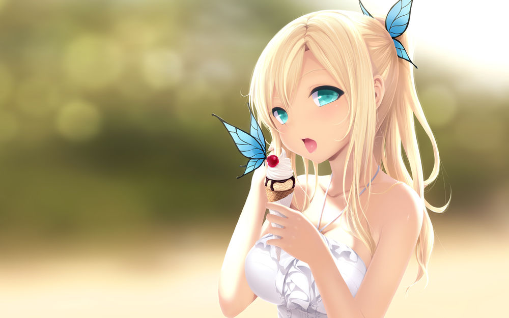 Обои для рабочего стола Сэна Касивадзаки / Sena Kashiwazaki из аниме 'У меня мало друзей / Boku wa Tomodachi ga Sukunai' кушает мороженое и во круг неё летают бабочки