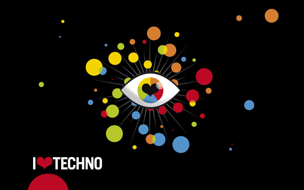 Обои для рабочего стола Глаз в окружении цветных кружочков (I love techno)